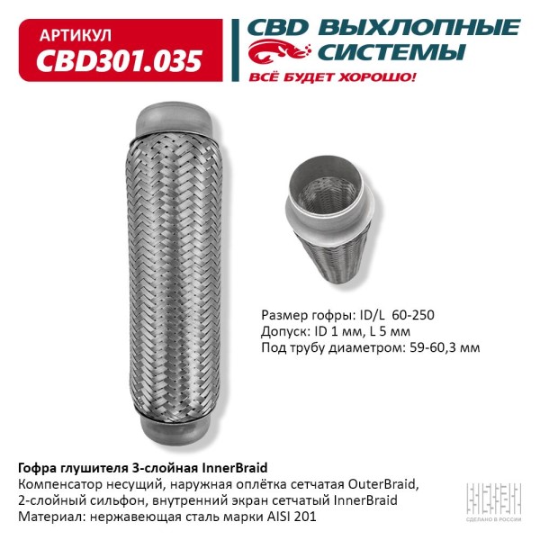 Виброкомпенсатор выхлоп. системы (гофра метал.) Inner Braid 60-250
