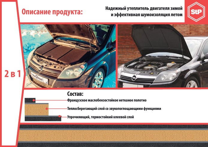 Утеплитель двигателя (+ шумоизоляция капота) 2в1 L (1350х600 мм) HeatShield
