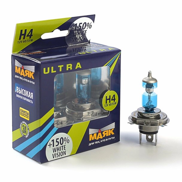 Лампа H4 12V 60/65W P43t н/о набор +150% ULTRA WHITE VISION