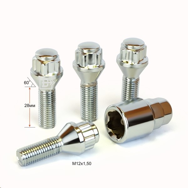 Болт колеса секр. M12*1,5*28 Хром Конус с выступом