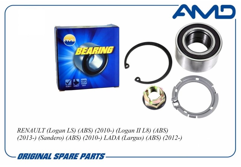 Подшипник ступицы Renault Logan Sandero Lada Largus XRAY Vesta перед. с ABS с 2010 г. -- с 2014 г. /гайка+стопор+шайба