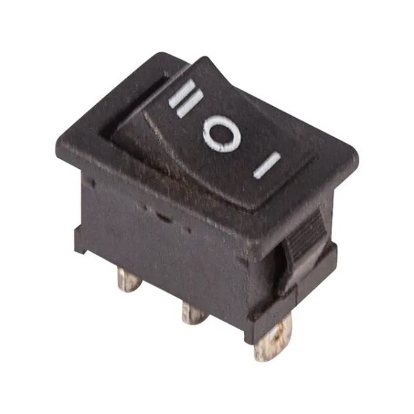 Выключатель клавишный 250V ON-OFF-ON  6А Mini 3 конт. черный (уп.10 шт.)