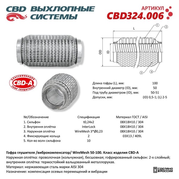 Виброкомпенсатор выхлоп. системы (гофра метал.) WIRE MESH 50-100