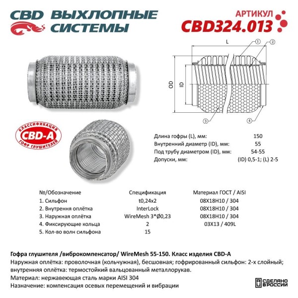 Виброкомпенсатор выхлоп. системы (гофра метал.) WIRE MESH 55-150