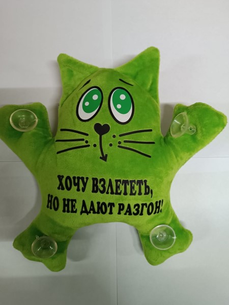 Игрушка кот большой на присоске в окно с надписью Хочу взлететь, но не дают разгон