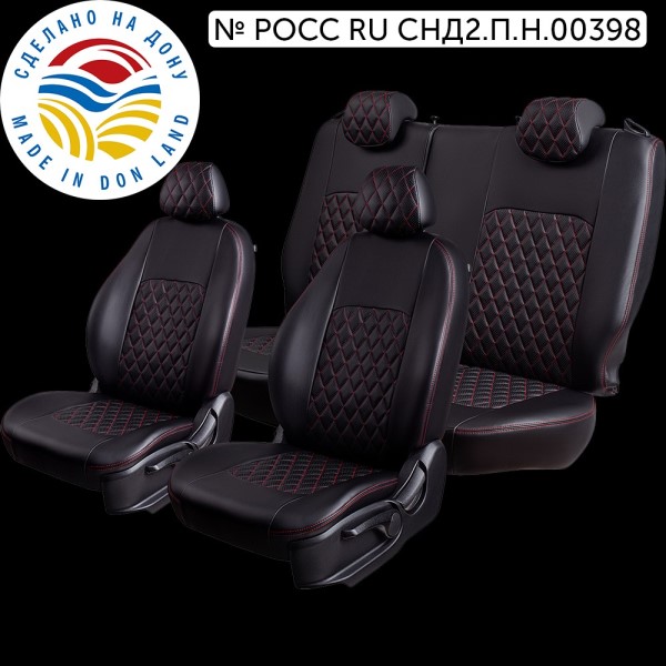 Чехлы на сиденье /2123 Шеви/ с 04.2016г./ Niva Travel c 12.2020г. 60/40 2Г без подлокот. Турин ст Ромб Экокожа черн/крас