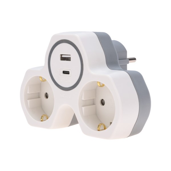 Двойник электрический (разветвитель) 220 В белый 16А с/з + USB-A +Type-C