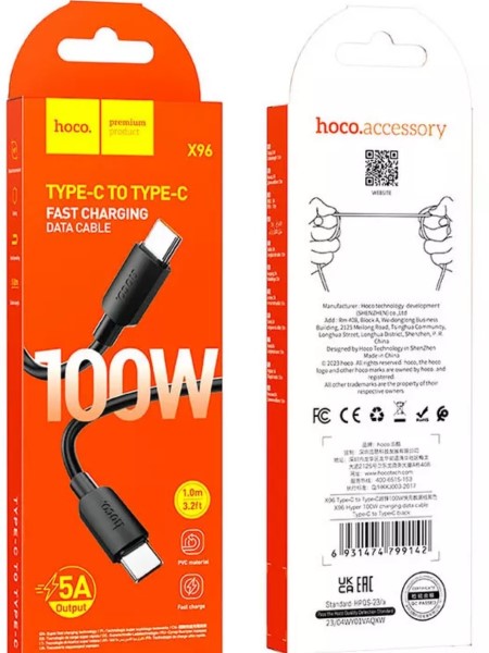 Дата-кабель универ. Type-C на Type-C 1 м 3A 100W, быстрая зарядка, черный