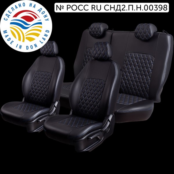 Чехлы на сиденье Renault Logan-2 Sandero-2, Logan Stepway-1 c 07.2018г 60/40 БП 2П+3Г Турин Ромб Экокожа черная/син.н (