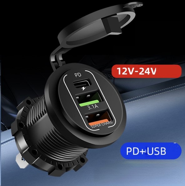 Зарядное устр-во врезное в панель 2 USB 3.1A + Type-C (PD) 12/24V, быстрая зарядка, влагозащищенное -D- арт:SC-AZUV-2U1