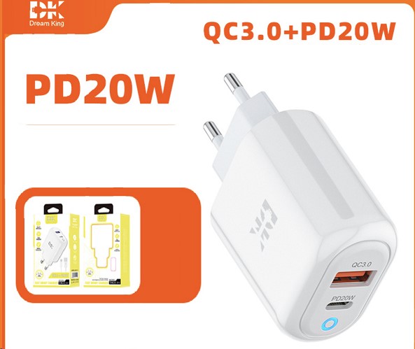 Зарядное устр-во сетевое USB-A + Type-C PD 20W быстрая зарядка (QC3.0) -D- арт:DK-C21