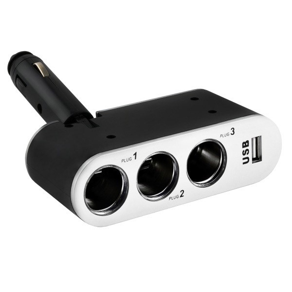 Разветвитель прикуривателя 3 гнезда + USB /1006/ Черный