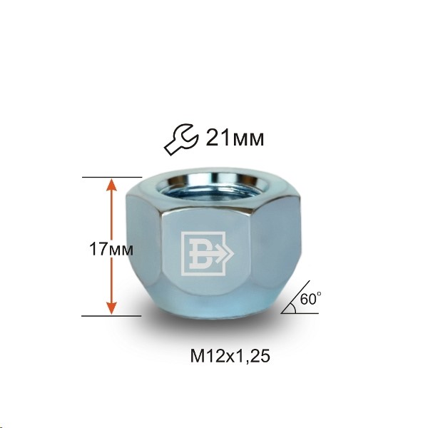 Гайка колеса М12*1,25*16 Хром Конус, откр., ключ 21мм