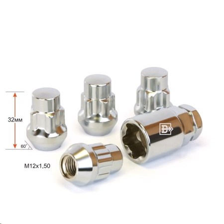 Гайка колеса секр. M12*1,5*32 Хром Конус с выступом, закр., 5 луч., 1 кл.