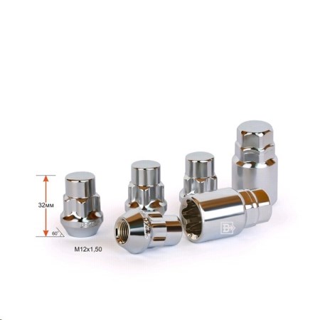 Гайка колеса секр. M12*1,5*32 Хром Конус с выступом, закр., 5 луч., 2 кл.